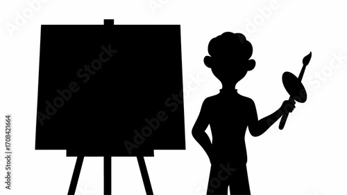 Silhouette of an artist with a paintbrush standing next to a blank canvas on an easel in black and white