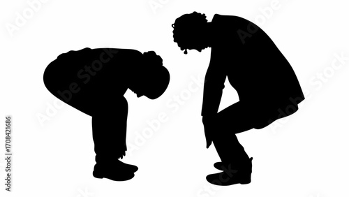 Silhouette of two people bending over with heads down in a black and white illustration style image