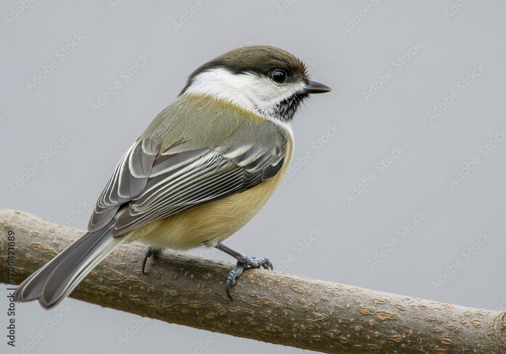 Fototapeta premium A small bird, likely a Carolina chickadee, is perched on a branch