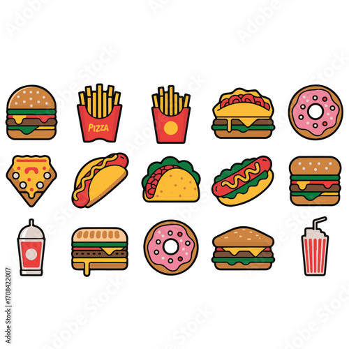 Cartoon Fast Food Collection Featuring Burgers, Fries, Pizza, Tacos, Donuts, and Drinks Vector Illustration