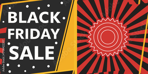 A bold and modern Black Friday sale banner with a dynamic red and black color scheme. The left side features a solid black background with large white text reading BLACK FRIDAY SALE and smaller yellow