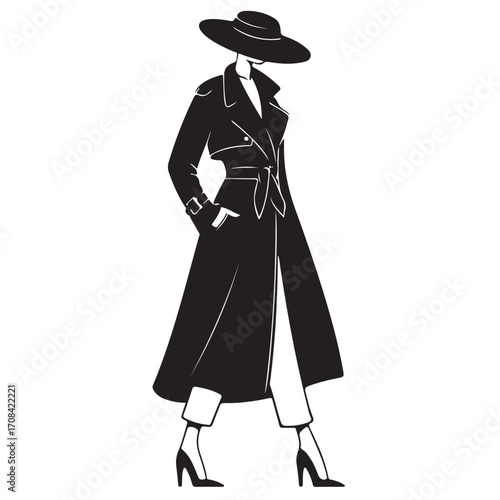 Fashion Silhouette Featuring Woman in Trench Coat, Wide-Brim Hat, and Heeled Shoes Vector Illustration
