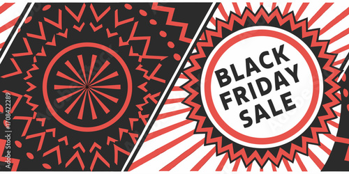 A bold and modern Black Friday sale banner with a dynamic red and black color scheme. The left side features a solid black background with large white text reading BLACK FRIDAY SALE and smaller yellow