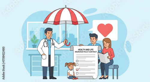 A caring doctor shelters a young family under an umbrella, symbolizing the protection of a health and life insurance policy contract