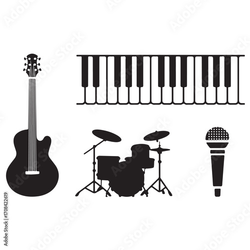 Musical Instrument Silhouettes Featuring Violin, Guitar, Piano, Saxophone, and Microphone Vector Illustration