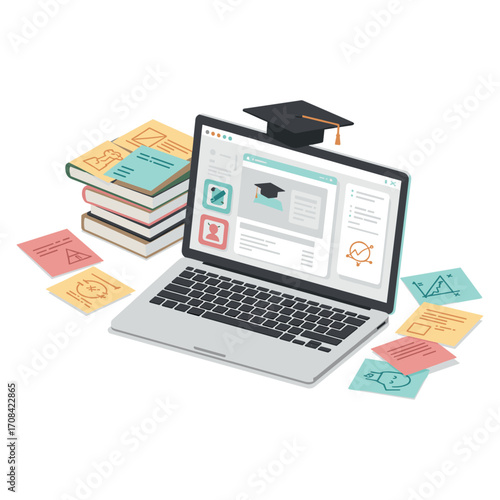 Online learning platform overview education digital tools study environment computer screen educational technology. Vector illustration