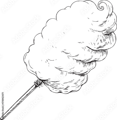 Cotton Candy Vector Illustration, Sketch Drawing Line Linear Symbol Icon Engraving Coloring Book, Hand-drawn Doodle Black and White Isolated