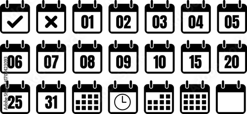 Collection of calendar icons with dates and symbols