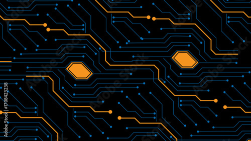 Abstract Circuit Board Pattern with Hexagonal Components and Interconnected Lines