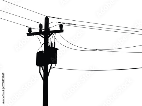 Electric utility pole with transformer, high voltage power lines, electricity distribution system, urban energy infrastructure, outdoor grid connection, silhouette of electrical