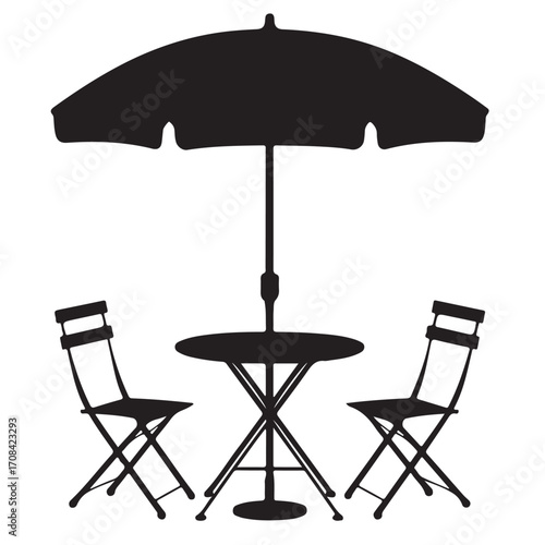 Outdoor Patio Silhouette Featuring Table, Umbrella, and Folding Chairs Vector Illustration