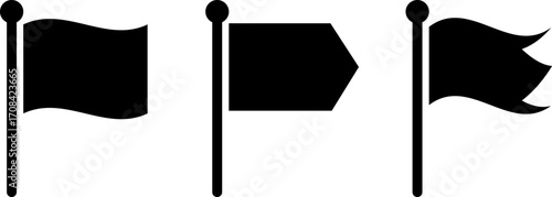 Three black flags waving on poles silhouette