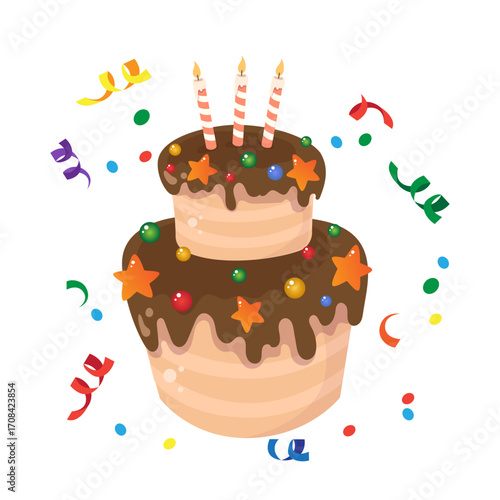 Cute birthday cake. Layered cake with candles, party decorations, greeting cards, and celebration designs.
