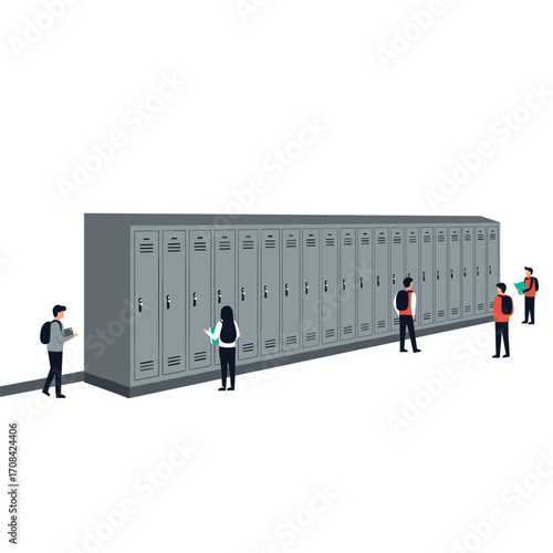 Students engaging with lockers in school hallway educational setting digital illustration contemporary design eye-level view. Vector illustration