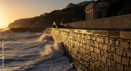 Coastal sunset, strong waves crashing against a stone sea wall.  Golden light bathes the scene
