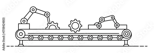 Robotic Gears Assembly Line Vector. Minimalist Industrial Automation Conveyor System Design