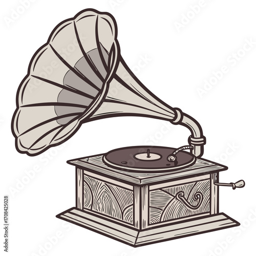 Vintage gramophone in flat style isolated on white background