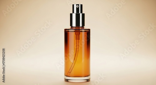 Wallpaper Mural Sleek Amber Glass Spray Bottle with Silver Pump, Golden Liquid, Minimalist Product Photography. Torontodigital.ca