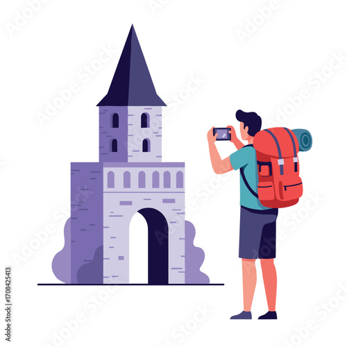 Exploring a historic castle adventure travel photography urban landscape enthusiastic viewpoint capturing memories. Vector illustration