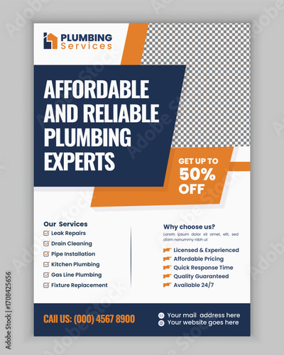 Modern Plumbing Services Flyer Poster Template for Bathroom Remodeling Pipe Replacement Faucet Repair and Residential House Maintenance