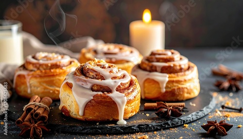 cinnamon roll and crhistmas candles
