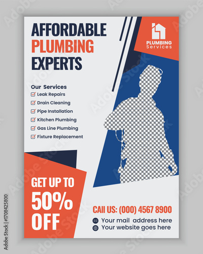 Modern Plumbing Services Flyer Poster Template for Bathroom Remodeling Pipe Replacement Faucet Repair and Residential House Maintenance