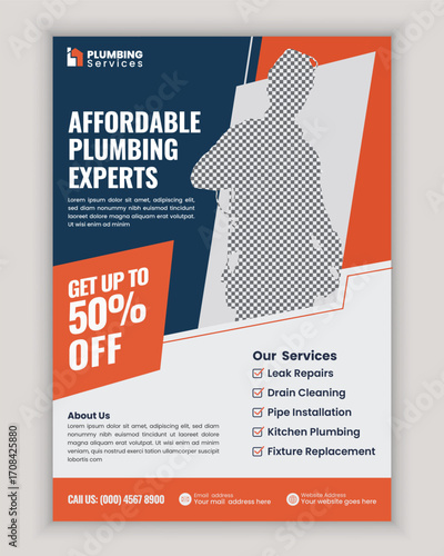 Modern Plumbing Services Flyer Poster Template for Bathroom Remodeling Pipe Replacement Faucet Repair and Residential House Maintenance
