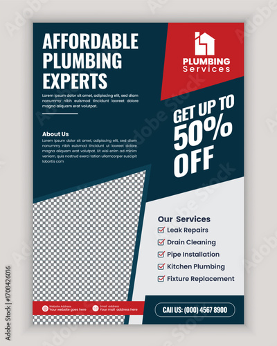 Modern Plumbing Services Flyer Poster Template for Bathroom Remodeling Pipe Replacement Faucet Repair and Residential House Maintenance