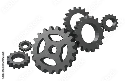 Minimalist Metallic Interlocking Gears in Motion Vector. Clean Lines, High Contrast Industrial Design on White.