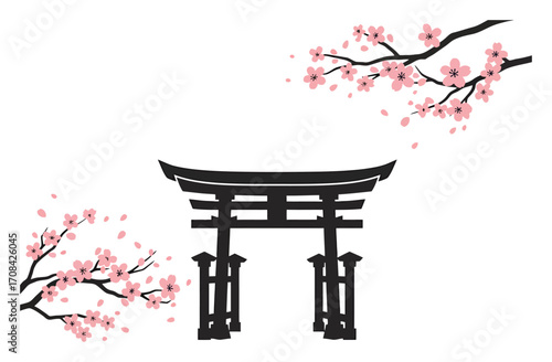 Japanese Shrine Cherry Blossoms Minimalist Vector Design on White