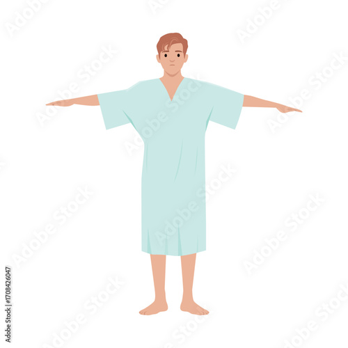 Man standing with arms extended sideways, dressed in a light blue hospital gown. Flat vector illustration isolated on white background