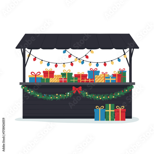Festive holiday market stall displaying colorful gifts winter wonderland digital illustration cheerful atmosphere eye-level view. Vector illustration