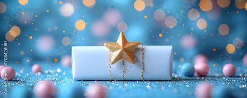 A white gift box with a golden star topper set against a festive bokeh background of blue and pink lights