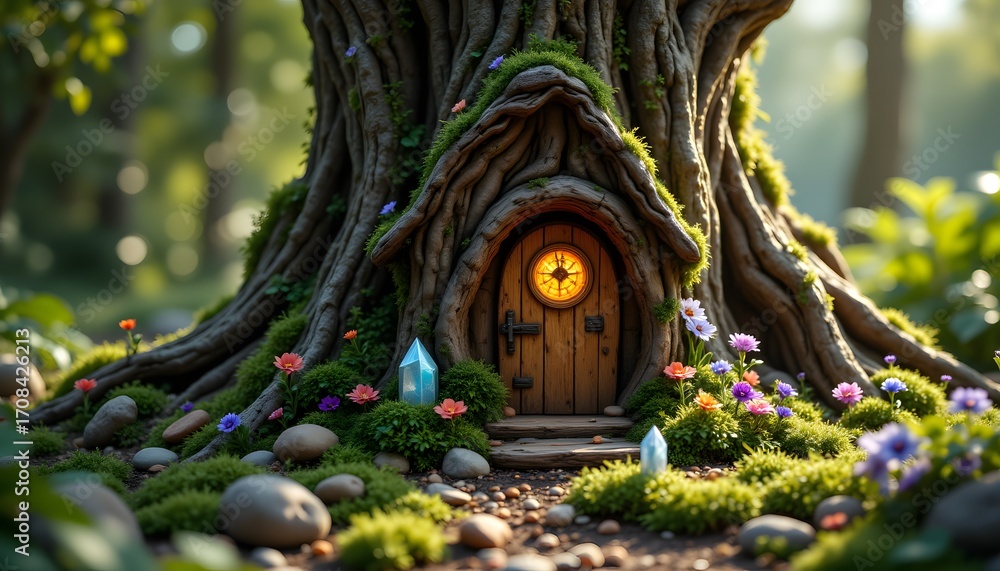 Fototapeta premium A tiny wooden house nestled within the twisting roots of an ancient tree, decorated with delicate flowers and shimmering crystals, creating a magical oasis for the unseen inhabitants.