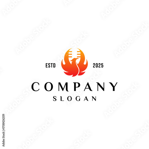 Phoenix bird and microphone rising wings with fire flames and burning feathers. Vector silhouette of flying fenix or phoenix.