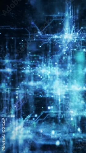 Wallpaper Mural slow dolly video through intricate digital neural network, glowing electric blue, deep purple, neon green data streams in dark cybernetic void, bokeh. Concept of AI and tech innovation Torontodigital.ca