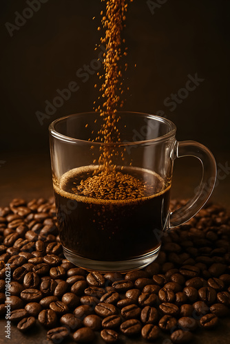 A close up shot captures the moment freeze dried coffee is added to a cup. The scene is surrounded by roasted coffee beans on a dark background.