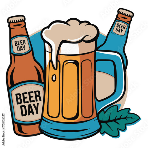 Beer Bottles and Frothy Mug Illustration for Beer Day Celebration