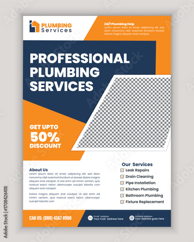 Modern Plumbing Services Flyer Poster Template for Bathroom Remodeling Pipe Replacement Faucet Repair and Residential House Maintenance