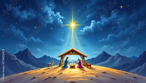 A watercolor painting depicting a peaceful nativity scene set against a starry night sky, with a manger illuminated by a bright star and figures of Mary, Joseph, and baby Jesus surrounded by animals.