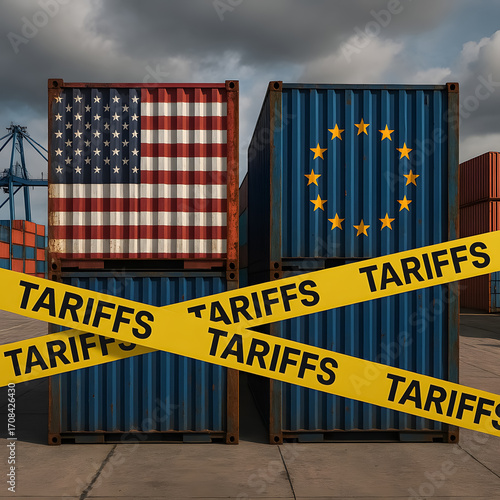 This image represents a trade dispute and economic conflict between the USA and Europe. The yellow barrier symbolizes import taxes and protectionism.