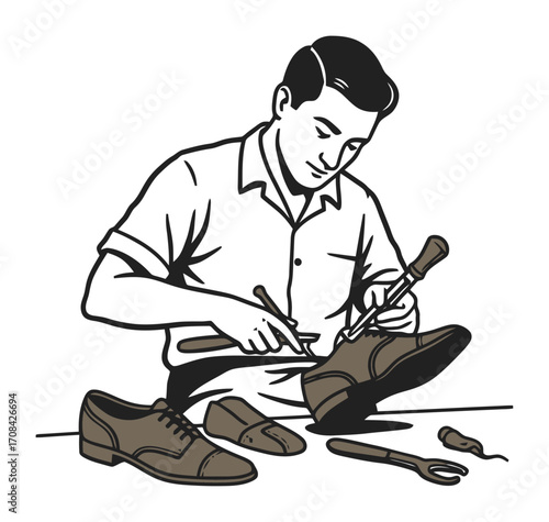 Retro Cobbler Mending Shoes Vector