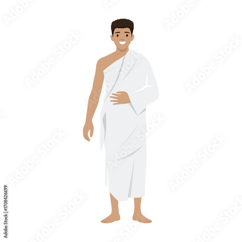 Smiling Muslim man wearing white ihram clothes for Hajj or Umrah pilgrimage. Flat vector illustration isolated on white background