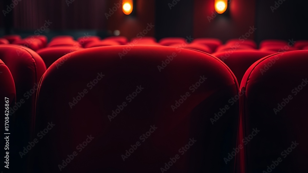 Fototapeta premium A cozy red velvet movie theater seat, dimly lit with a blurred background of the theater.