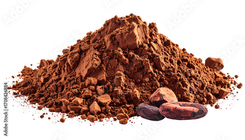 Pile of cocoa powder with cacao beans