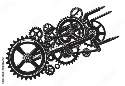 Minimalist Steampunk Gears Vector Art. Vintage Cogs & Mechanical Assembly. Clean Lines, White Background.