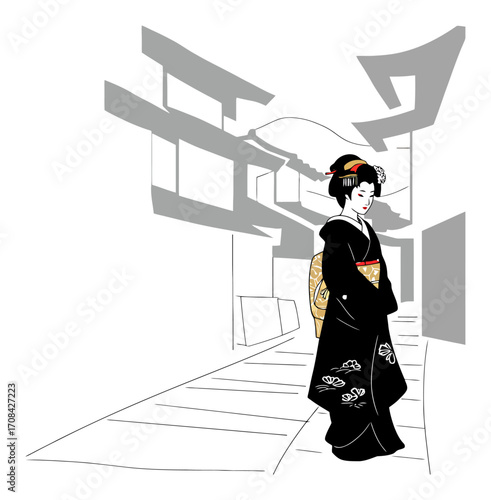 Minimalist Geisha in Traditional Kimono Vector Art. Japanese Culture Illustration.