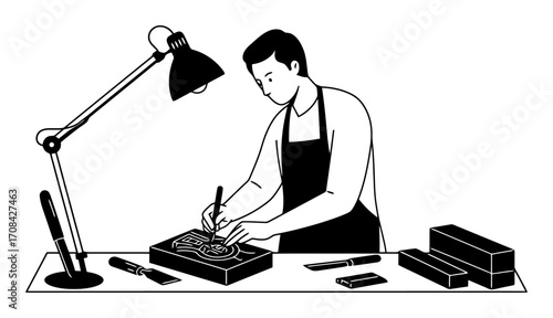 Xylographer Carving Woodblock - Minimalist Vector Art