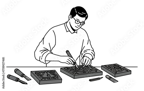 Xylographer Carving Woodblock - Minimalist Vector Art