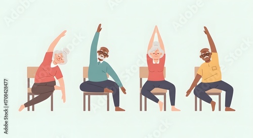 Active multiethnic senior group practicing gentle chair yoga for health and wellness illustration